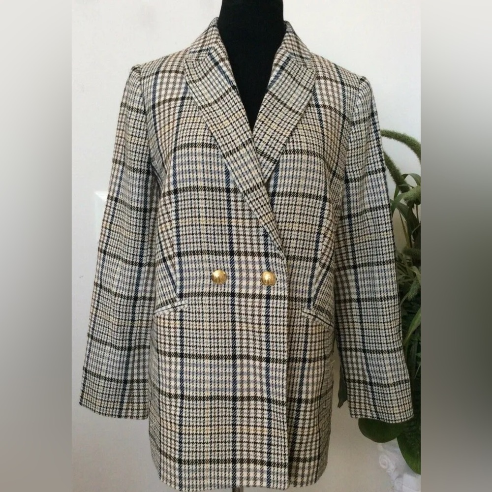 Classic Plaid Double-Breasted Women's Blazer Jacket - Cream & Black